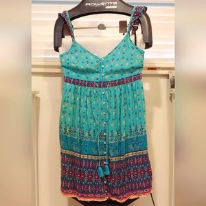 Hollister, M, flowy dress, bono print, maroon, teal, cream